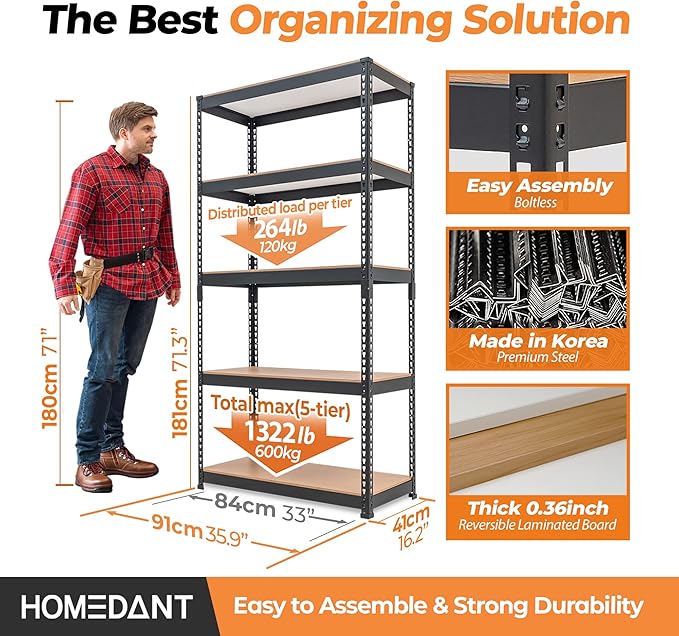 HOMEDANT 5 Tier Storage Shelves Adjustable Laminated Boltless Garage Metal Shelving Unit Heavy Duty Utility Rack Shelf Warehouse Pantry Closet Kitchen (10, (M) 35.9" W, Black)