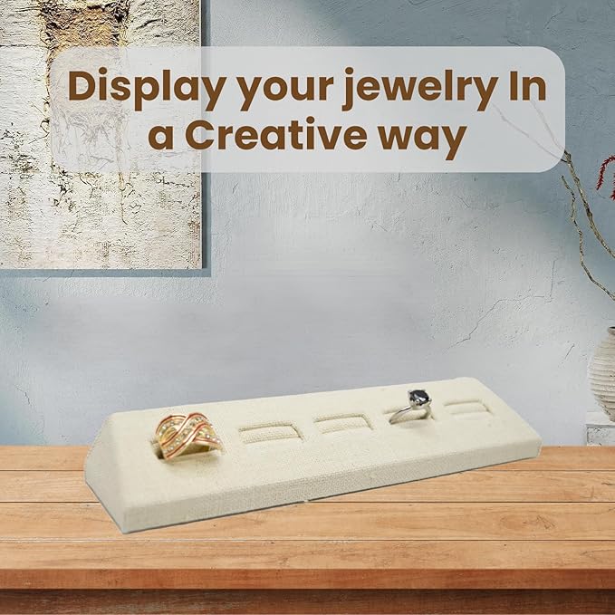 Novel Box 5-Slot Beige Linen Rings/Earrings/Cufflinks Holder Tray 8.12x1.75x1 Inches - Ring Holder Organizer for Selling or Personal Use - Jewelry Display Trays for Special Occasions