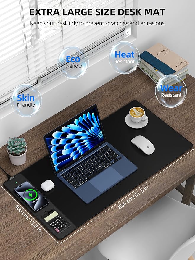 TopMade Mouse Pad with 15W Wireless Charging & Removable 8-Digit Solar Calculator, Exact Large Desk Pad, Waterproof Mousepad Home Office Desk Mat (Includes 20W PD Power Adapter & 6.56ft Woven Cable)
