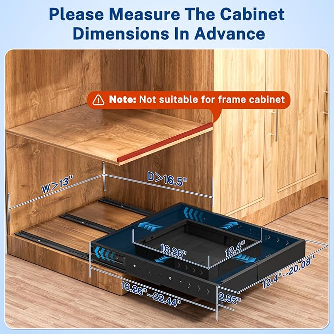 Insputer Pull Out Cabinet Organizer Expandable (12.4"-20.08")W & (16.26"-22.44")D, Slide Out Drawers for Kitchen, Pantry with 2Pcs Magnetic Panel, 3 Slide Rail, No Drill Adhesive Roll Out Shelf Black