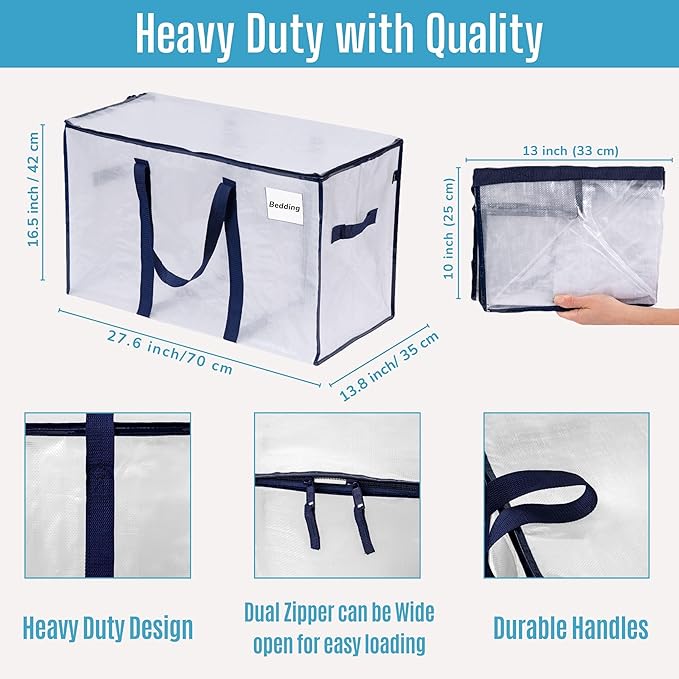 VENO 2 Pack Moving Bags and Large Christmas Storage Bins with lids. Alternative to Moving Boxes, Packing Supplies for College. Extra Large Heavy Duty Totes for Packaging (Clear, 2 Pack)