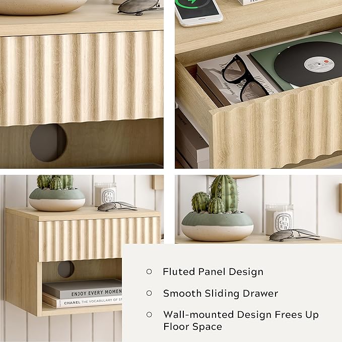 Floating Nightstands Set of 2 with Drawer and Open Shelf, Small Wall Mounted Bedside End Table, Modern Fluted Night Stand for Bedroom, Living Room, Light Oak