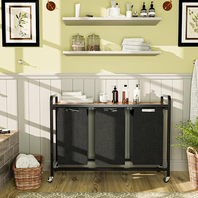 Laundry Sorter with Shelf, Wheels, Pull-Out and Removable Bags, Laundry Hamper Organizer 3 Sections, Rolling Laundry Basket for Laundry Room Bathroom Hotel Dorm, 42.13"L x 12.8" W x 30.51"H