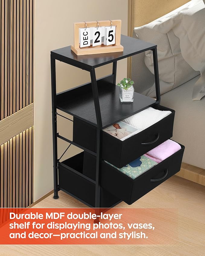 Dresser for Bedroom, Fabric Nightstand Tall Dresser & Chests of Drawers with 3 Drawers, Vertical Organizer Storage Tower Unit for Bedroom, Hallway, Entryway Black