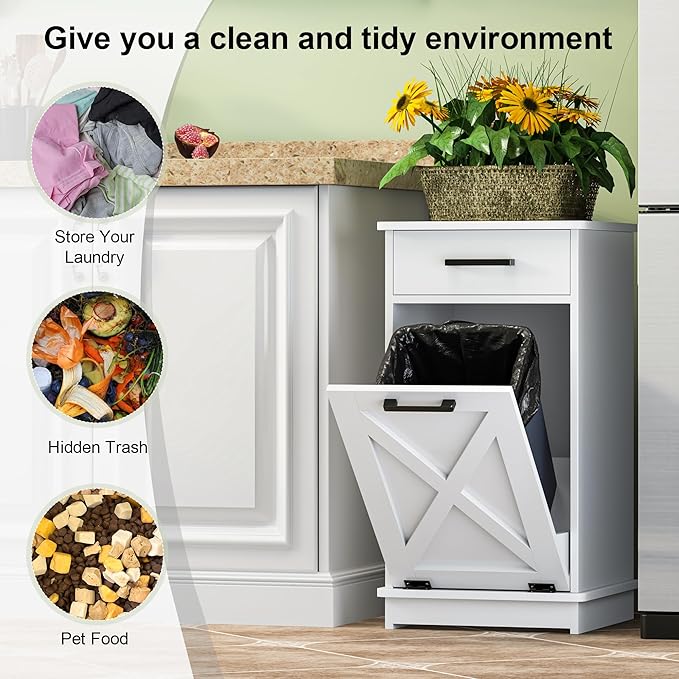White Tilt Out Laundry Hamper Cabinet Hidden Laundry Hamper with Drawers and Baskets for Bathroom Hamper Cabinet with Storage for Kitchen Living Room,16x16x30in（Barn door panel）