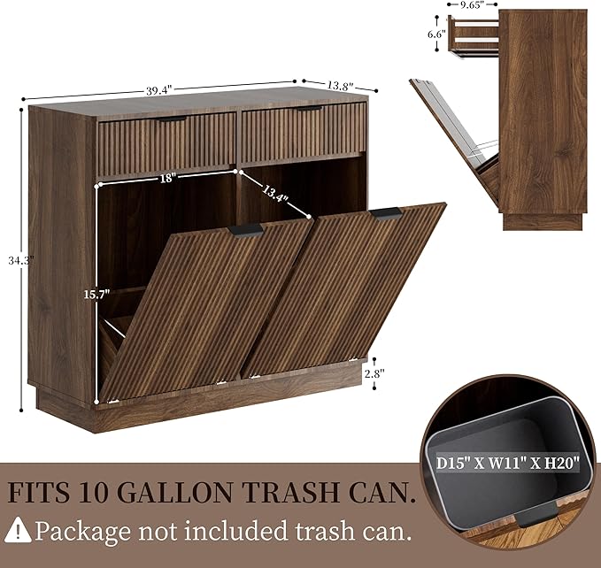 Double Tilt-Out Trash Cabinet, Laundry Hamper Cabinet with 2 Drawers, 39.4W x 34.3H x 13.8D inches, Walnut, Wave-Textured Front.