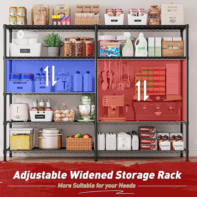 REIBII 1450LBS Metal Shelving Unit Storage Shelves 5 Tier Wire Shelving 58.1''W Pantry Shelves Wire Shelf Adjustable Garage Shelving Heavy Duty Storage Rack for Pantry Kitchen Garage, Black