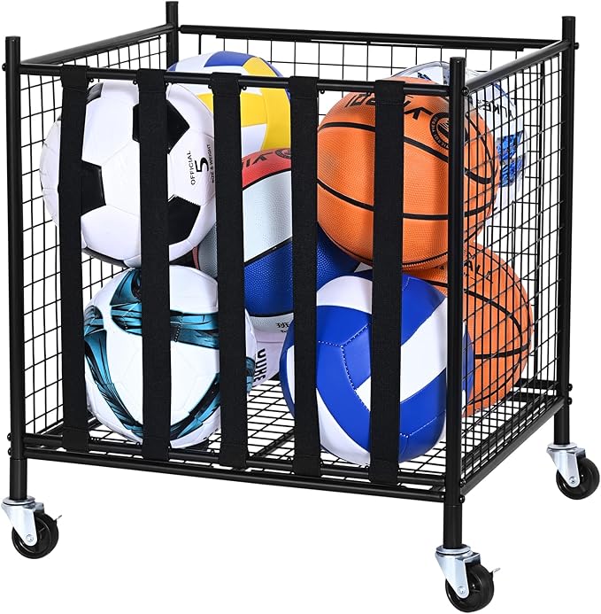 VEVOR Rolling Sports Ball Storage Cart, Lockable Basketball Cage with Double Lids, Sport Equipment Holder Organizer for Indoor Outdoor, Steel Storage Rack for Garages, Playgroup, Gym and Schools