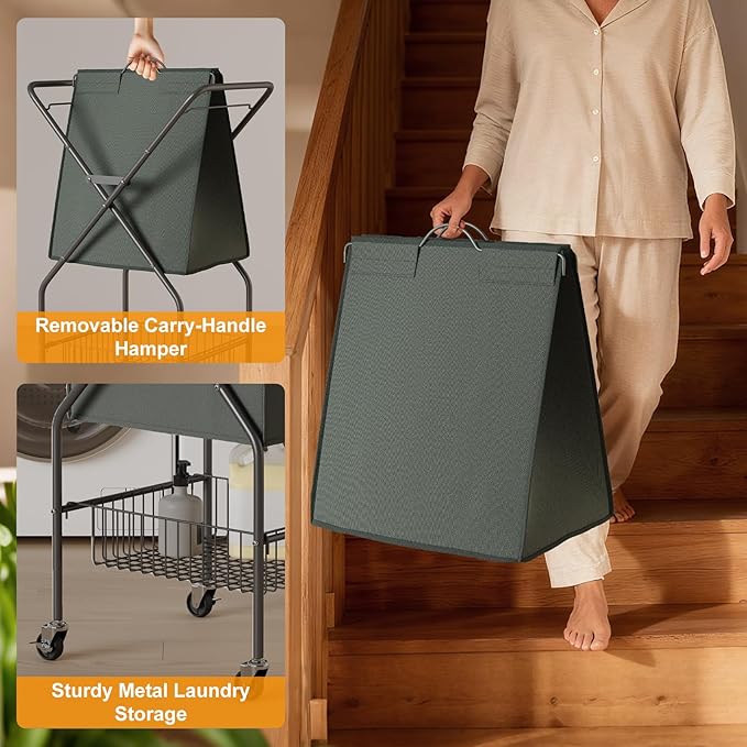 Laundry Basket with Wheels:88L Rolling Laundry Cart Foldable Metal Frame Dirty Clothes Laundry Hamper 36"H 4 Caster 2 Brake Waterproof Removable Liner Carry Handle for Dorm Laundry Room,Gray