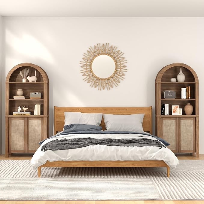 Yechen Arched Bookcase, 70.5" Tall Bookcase with Storage, Mid-Century Modern 5 Tier Bookshelves with Door, Boho Rattan Bookshelf for Living Room Kitchen Office Bedroom Library, Natural Walnut,3 PCS