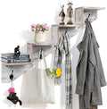 Coat Rack Wall Mount with Shelf, White Ladder Shelf with Hooks Underneath, Wall Mounted Rise Wooden shelves for Decorative, 4 Double Hooks for Hanging Coats, Keys, Books, Flowers, Planter, Towels