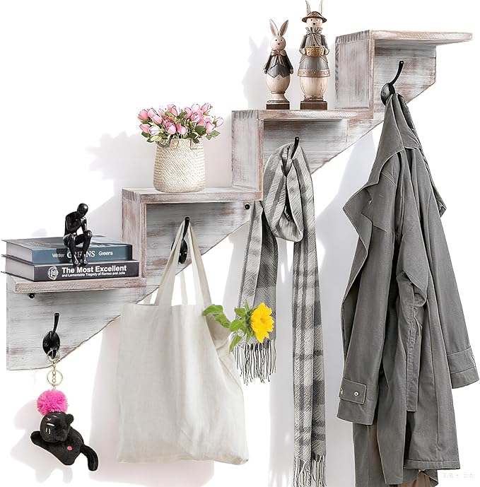 Coat Rack Wall Mount with Shelf, White Ladder Shelf with Hooks Underneath, Wall Mounted Rise Wooden shelves for Decorative, 4 Double Hooks for Hanging Coats, Keys, Books, Flowers, Planter, Towels