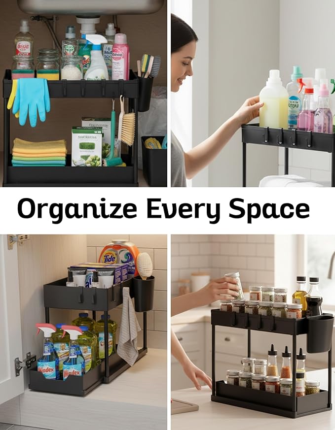 Under Sink Organizer – 2-Tier Sliding Storage Rack for Kitchen, Bathroom & Pantry | Multi-Purpose Cabinet Organizer with Pull-Out Baskets