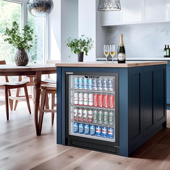 Coolski Beverage Refrigerator, 24 Inch Under Counter Beverage Fridge, 180 Cans Built-In or Freestanding Beverage Cooler with Glass Door for Home Bar Kitchen, ETL, DOE, NSF Approved