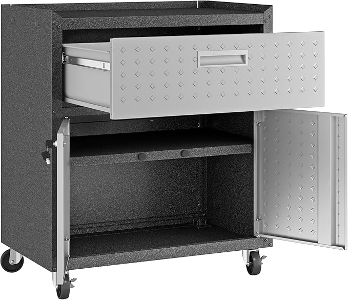 Manhattan Comfort Fortress Textured Metal 31.5" Garage Mobile Cabinet with 1 Full Extension Drawer and 2 Adjustable Shelves, Black/Gray