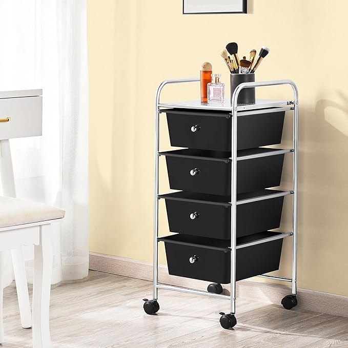 Yaheetech 4 Drawers Cart Rolling Storage Organizer Metal Frame Plastic Drawers Trolley Organizer on Wheels, Black