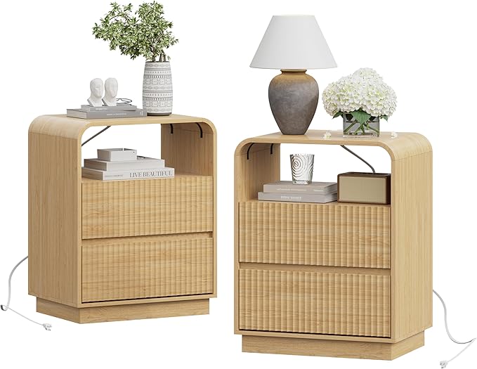 Natural Oak Nightstands Set of 2 with Charging Station, Mid Century Modern End Tables & Bedside Tables, Fluted Wood Small Night Stands with 2 Hidden Drawers and Storage Shelf for Bedroom