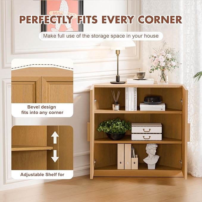 Casaphoria Farmhouse Corner Cabinet, Wooden Corner Storage Cabinet with Adjustable Shelves, Narrow Storage Organizer for Small Space, 31" H x 31" W x 16" D, 44Lb, Oak