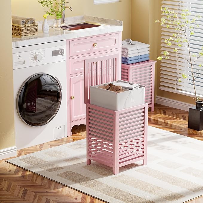 SMIBUY Double Laundry Hamper with Lid, 120L Bamboo Laundry Basket with Removable Liner Bag, 2-Section Clothes Divider Laundry Sorter for Laundry Room, Bathroom, Bedroom (Pink)