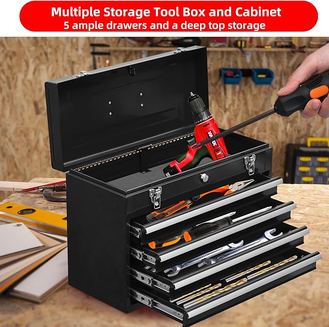 Metal Tool Box with 4 Drawers Portable Steel Tool Chest with Metal Cylinder Lock and Latch Closure, Liner, Powder Coating, Suitable for Garage, Warehouse and Outdoor Repair Job-Black