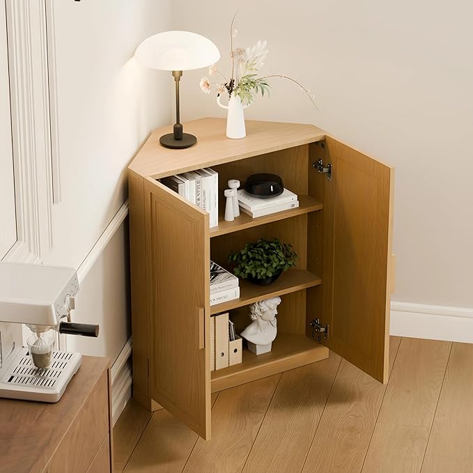 Casaphoria Farmhouse Corner Cabinet, Wooden Corner Storage Cabinet with Adjustable Shelves, Narrow Storage Organizer for Small Space, 36" H x 31" W x 16" D, 51Lb, Oak