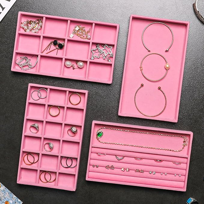 Frebeauty Jewelry Organizer Tray,Stackable Velvet Jewelry Trays,Drawer Inserts Earring Organizer For Women Jewelry Storage Display Case for Rings Stud Necklaces,8.3 x 4.9 x 1 Inches (Pink)