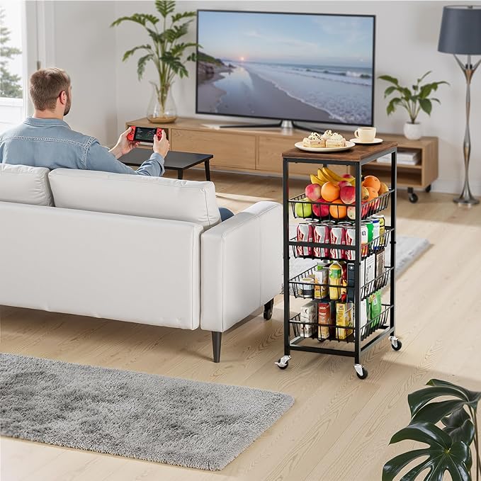 Fruit Vegetable Cart, 4-Tier Snack & Kitchen Cart on Wheels with Storage, Pull-Out Baskets & Wood Top, Rolling Organizer for Pantry, Living Room (Brown)