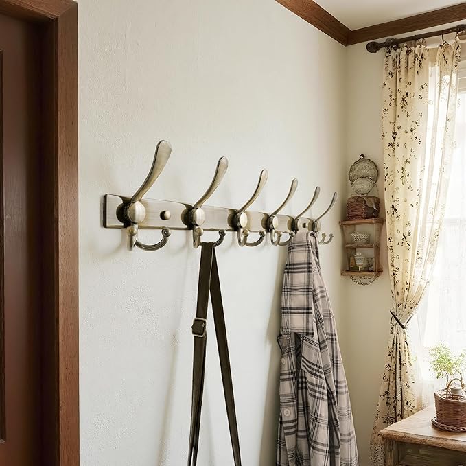 Dseap Coat Rack Wall Mount 2.0 Pro: 24” Long, 3X Tougher, Heavy Duty Stainless Steel Wall Coat Hanger with 6 Tri Hooks for Clothes Jackets Hats Entryway Closet, Bronze, Pack of 2