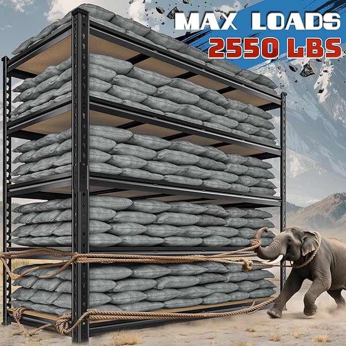 55" W Storage Shelves, 2550LBS Garage Shelving, 5-Tier Metal Shelving Unit, Adjustable Heavy Duty Shelving for Garage, Warehouse, Pantry, Kitchen, 55" W × 24" D × 72" H, Black