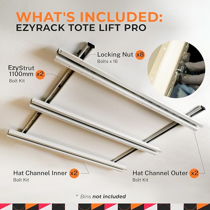 Adjustable Over Head Garage Bin Storage System Tote Lift Pro Overhead Storage Rack – Ceiling Mounted Bin Organizer System – Heavy Duty Ezy Strut & Hat Channel Design – 90" x 25" x 4" (Pack G)