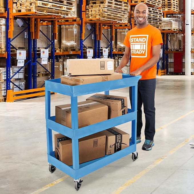 Stand Steady Tubstr 3 Shelf Utility Cart | Made in USA | Heavy Duty Tub Cart Holds Up to 300 lbs. | Storage Cart & Rolling Tool Cart for School, Office, Garage & Warehouse (32 x 24in / Blue)