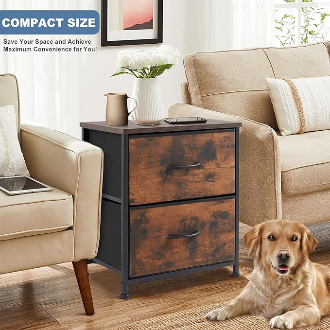 DUMOS Nightstand Small Dresser with 2 Fabric Drawers Side Tables Bedroom End Table Kids Bedside Storage Furniture for 20 inch Tall Night Stand for Closet, Entryway, College Dorm, Rustic Brown(2 Pack)