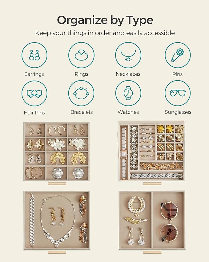 SONGMICS Jewelry Box Organizer with Glass Lid, 4-Layer Jewelry Storage, with 3 Drawers, Modern Style, Christmas Gift, 8 x 9.1 x 6.5 Inches, Cloud White and Gold Color UJBC173W01
