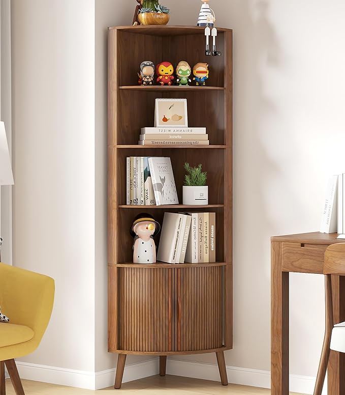 5-Tier Corner Shelf, 66.73''Tall Modern Corner Bookshelf, 5 Shelf Bookcase with 2 Fluted Doors, Freestanding Wood Corner Display Storage Shelf Organizer for Living Room, Office (Walnut)