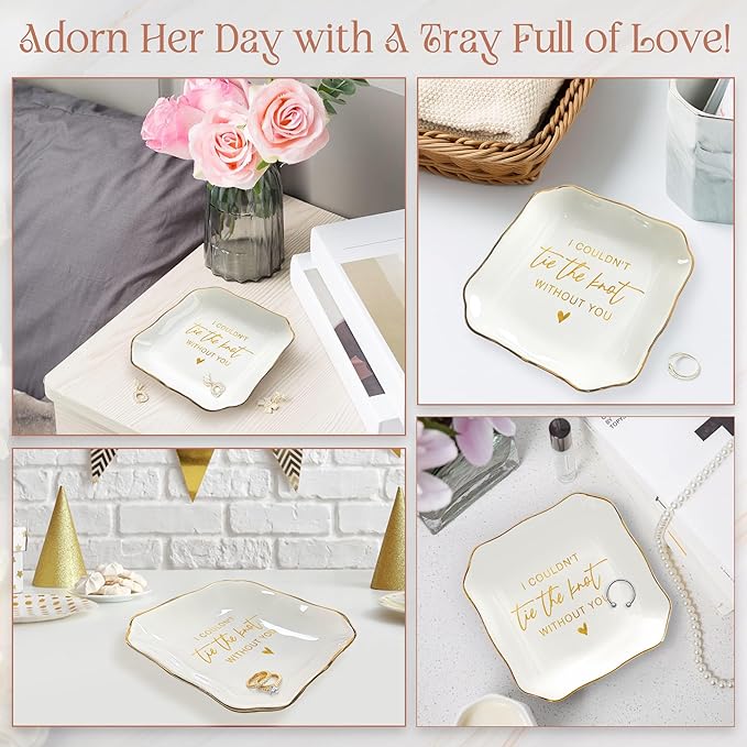 OASSIE Christmas Bridesmaid Gifts for Wedding - 4"x4" Ceramic Jewelry Dish Tray - Bridal Shower Wedding Gifts for Women, Jewelry Tray for Bridesmaid Proposal Gift, Maid of Honor Gift for Friend Sister