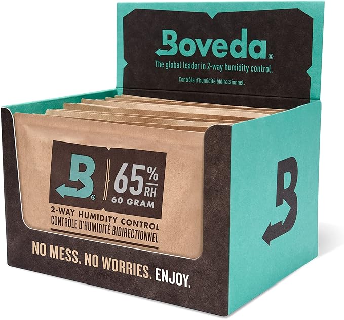 Boveda 65% Two-Way Humidity Control Packs For Aging & Long-Term Storage in Plastic & Wood Boxes – Size 60 – 12 Pack – Moisture Absorbers – Humidifier Packs – Individually Wrapped Hydration Packets