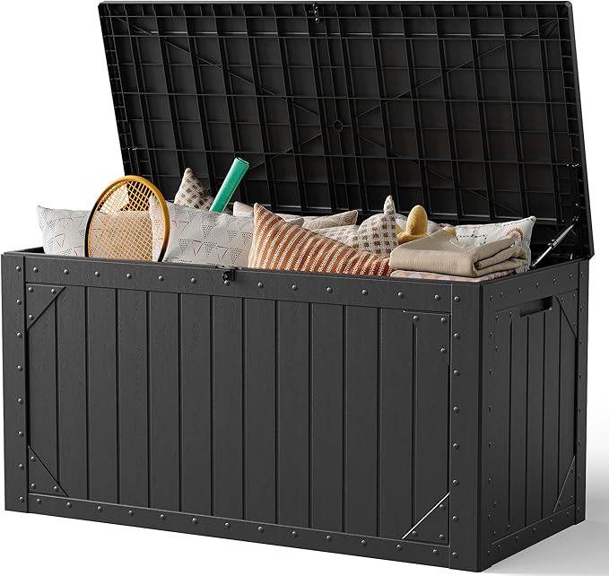 Outdoor Storage Box,100Gallon Deck Box Outdoor Storage Bench Outside Waterproof Resin Storage Bench, Lockable Patio Cushions, Garden Tools Storage For Furniture, UV Resistant(Ebony Black)