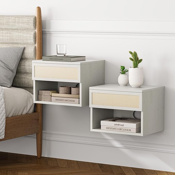 Rattan Floating Nightstands Set of 2, Wall Mounted End Table with Drawer and Open Compartment Modern Wood Bedside Night Stand Storage Cabinet for Bedroom Living Room, Antique White