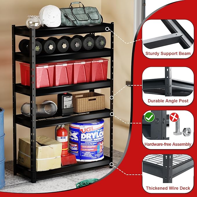 The Atlas 48" W Heavy Duty Garage Shelving Load 10000lbs, 5 Tier Metal Storage Shelves, Adjustable Industrial Rack for Warehouse Basement Shop, 48" W x 18" D x 72" H
