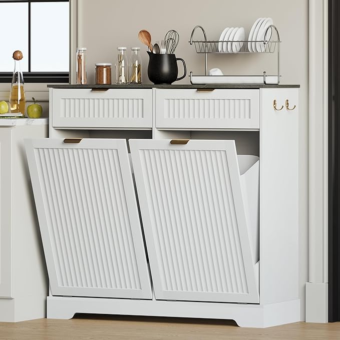 2x13 Gallons Double Tilt Out Trash Can Cabinet, Wooden Fluted Trash Garbage Can Cabinet with 2 Drawers, Hidden Laundry Hamper with Hooks for Kitchen Living Room, White