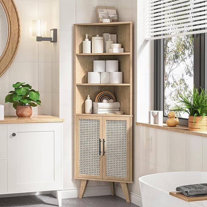 Corner Cabinet with Rattan Doors, Tall Farmhouse Corner Display Shelf with Bottom Storage Cabinet and 3 Adjustable Shelves Home Office Space Saver for Bathroom, Kitchen, Bedroom and Living Room