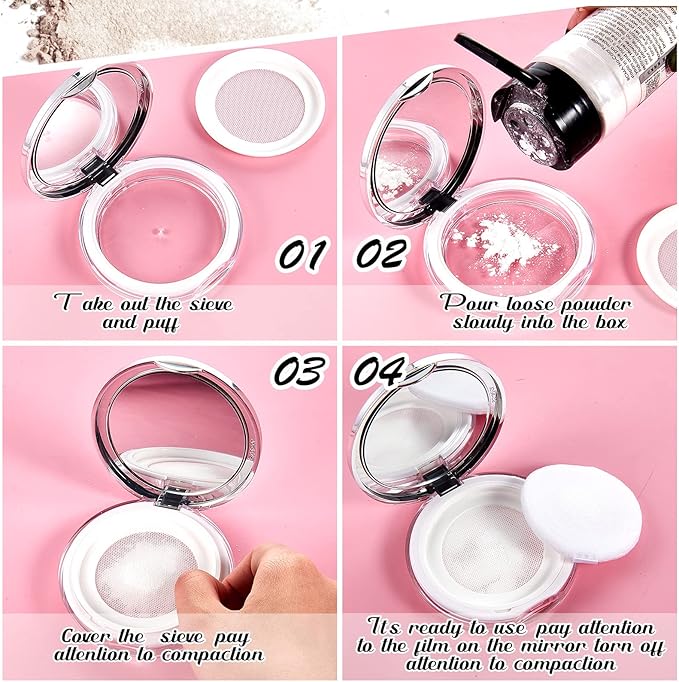 Cunhill 2 Pcs Loose Powder Container with Puff 0.17/0.7 oz Reusable Plastic Empty Case Portable DIY Makeup Powder Container Compact Case with Mirror and Net Sifter(Silver, Black)