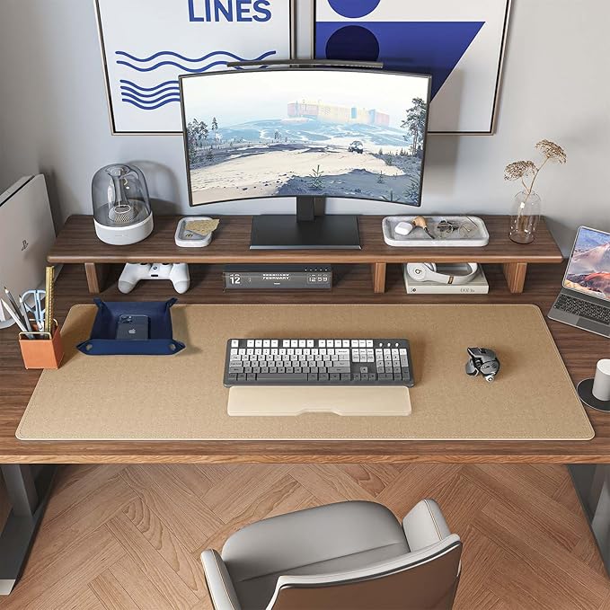 DAWNTREES Dual Sided Desk Mat,Leather Desk Pad,40"x16",Cork Desk Mat Protector,with PU Leather Valet Tray Organizer,Large Mouse Pad,Desk Writing Pad for Office and Home(Dark Blue)