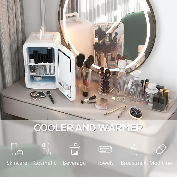 HOMCOM Mini Fridge for Bedroom or Car with Dimmable LED Mirror (10L/8 Can), Cooler and Warmer, Portable Skincare Fridge, AC/DC Powered Small Refrigerator for Skincare, Beverage, Food, Cosmetics, White