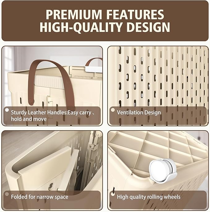 UAK Laundry Basket with Wheels, Collapsible Plastic Laundry Hamper with Handle, Foldable Laundry Basket Organizer for Laundry and Bathroom (Light Yellow, XXL)