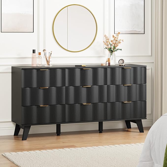 9 Drawer Dresser, Modern Fluted Storage Dresser with Deep Drawers and Metal Handles, Wood Chest of Drawers Storage Organizer for Bedroom, Living Room, Hallway (Black)