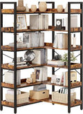 KOUSEI 6-Tier L-Shaped Reversible Corner Bookshelf, 69" Rustic Brown Industrial Wood & Metal Bookcase, Wide Open Shelves + 4 Hooks for Living Room/Bedroom/Home Office