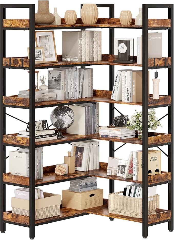 KOUSEI 6-Tier L-Shaped Reversible Corner Bookshelf, 69" Rustic Brown Industrial Wood & Metal Bookcase, Wide Open Shelves + 4 Hooks for Living Room/Bedroom/Home Office