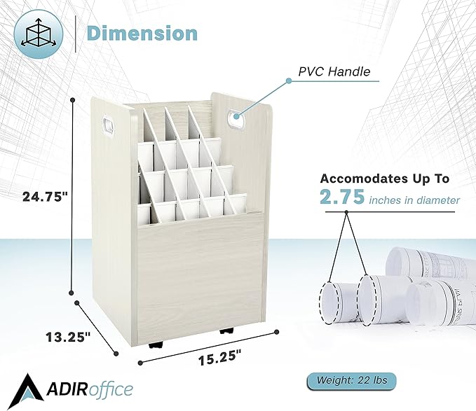 AdirOffice Adir Blue Print Storage Organizer - Mobile Roll File Cart, Construction Plan Holders, Blueprint Cabinet with Wheels, Roll Files Storage for Office and Home (20 Slots, White)