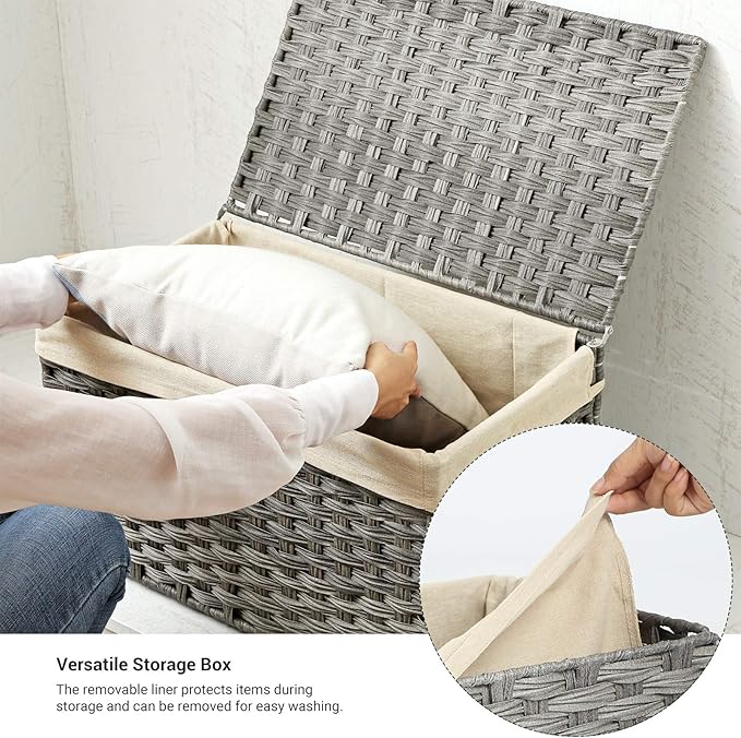 SONGMICS Storage Basket with Lid, Woven Blanket Storage Bin with Handles, Foldable, Removable Liner, Metal Frame, for Bedroom, Laundry Room, 17.2 Gallons (65 L), Gray URST56WG